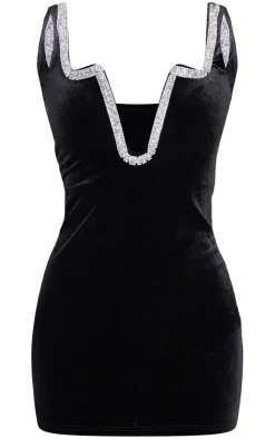 Velvet Diamante Detail Trim Mini Dress-PrettyLittleThing Hot