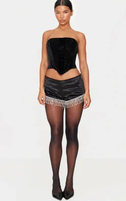 Velvet Diamante Trim Hot Pants-PrettyLittleThing Clearance