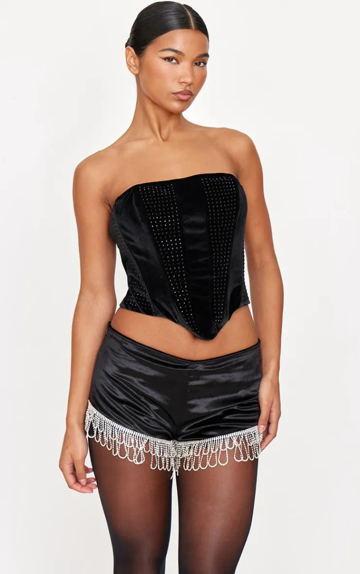 Velvet Diamante Trim Hot Pants-PrettyLittleThing Clearance