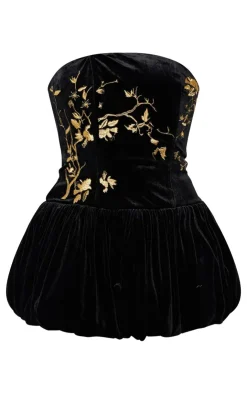 Velvet Embroidered Detail Puffball Dress-PrettyLittleThing Discount