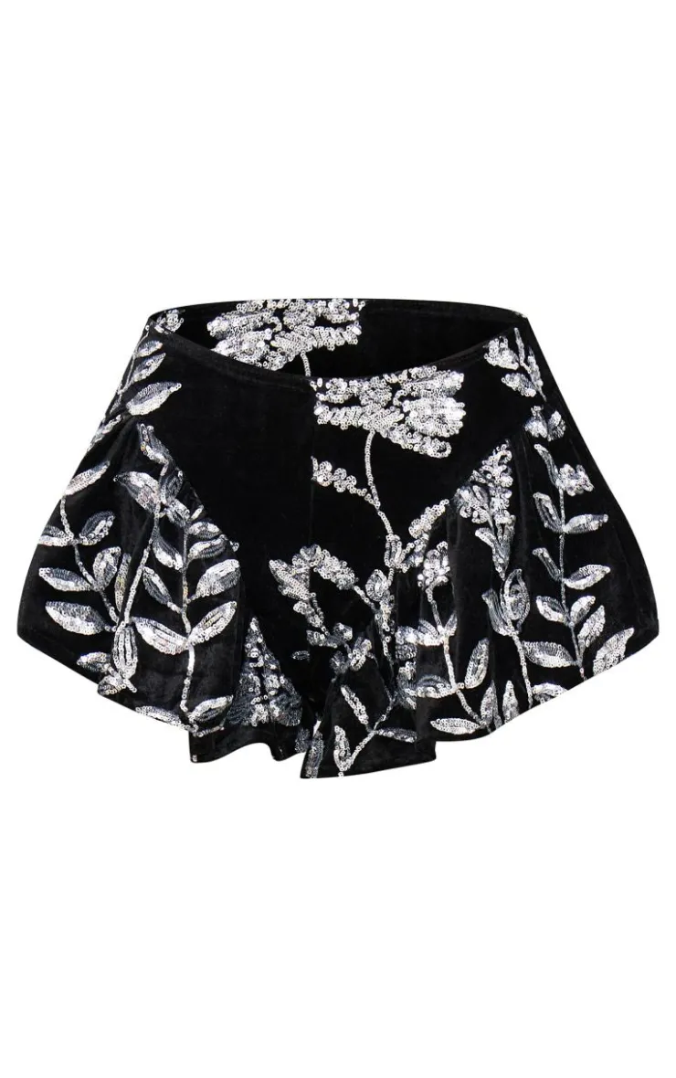 Velvet Floral Sequin Embellished Shorts-PrettyLittleThing Sale