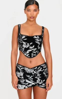 Best PrettyLittleThing Velvet Floral Sequin Embellished Corset Black