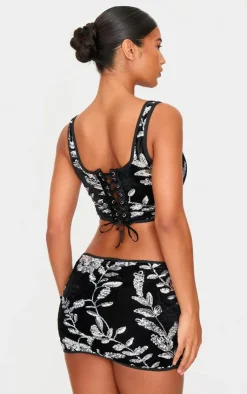Best PrettyLittleThing Velvet Floral Sequin Embellished Corset Black