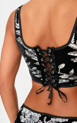 Best PrettyLittleThing Velvet Floral Sequin Embellished Corset Black