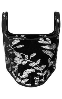 Best PrettyLittleThing Velvet Floral Sequin Embellished Corset Black