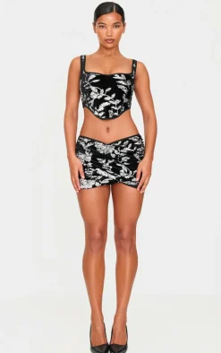 Outlet PrettyLittleThing Velvet Floral Sequin Embellished Ruched Micro Mini Skirt Black