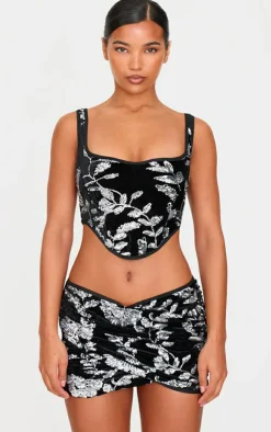 Outlet PrettyLittleThing Velvet Floral Sequin Embellished Ruched Micro Mini Skirt Black