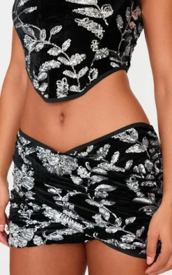 Outlet PrettyLittleThing Velvet Floral Sequin Embellished Ruched Micro Mini Skirt Black
