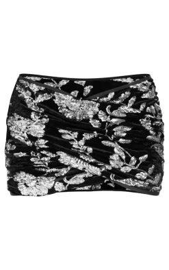 Outlet PrettyLittleThing Velvet Floral Sequin Embellished Ruched Micro Mini Skirt Black