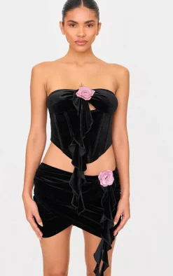 Best PrettyLittleThing Velvet Frill Detail Corset Top Black