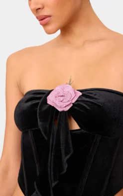 Best PrettyLittleThing Velvet Frill Detail Corset Top Black