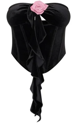 Best PrettyLittleThing Velvet Frill Detail Corset Top Black