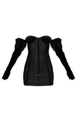 Velvet Mesh Corset Detail Long Sleeve Bodycon Dress-PrettyLittleThing Discount