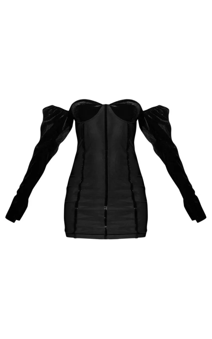 Velvet Mesh Corset Detail Long Sleeve Bodycon Dress-PrettyLittleThing Discount