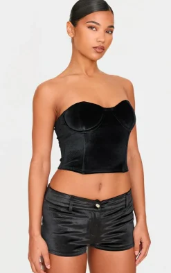 New PrettyLittleThing Velvet Micro Shorts Black