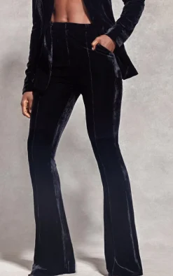 New PrettyLittleThing Velvet Pintuck Detail Flared Pants Black