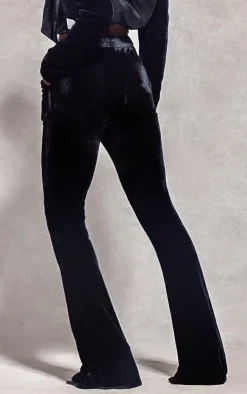 New PrettyLittleThing Velvet Pintuck Detail Flared Pants Black