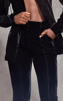 New PrettyLittleThing Velvet Pintuck Detail Flared Pants Black