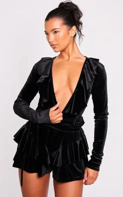 Black Velvet Plunge Frill Corsage Romper