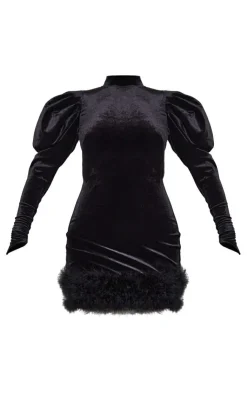 Velvet Puff Sleeve Feather Trim Open Back Bodycon Dress-PrettyLittleThing New