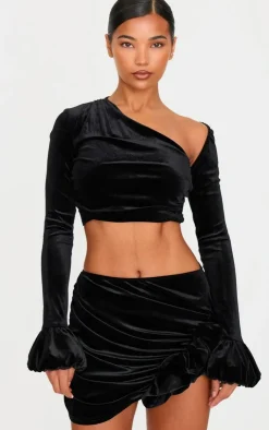 Best PrettyLittleThing Velvet Puff Sleeve Cropped Top Black
