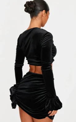 Best PrettyLittleThing Velvet Puff Sleeve Cropped Top Black