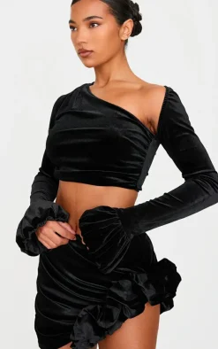 Best PrettyLittleThing Velvet Puff Sleeve Cropped Top Black