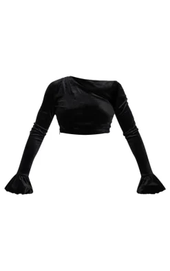 Best PrettyLittleThing Velvet Puff Sleeve Cropped Top Black