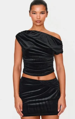Sale PrettyLittleThing Velvet Ruched Detail Top Black