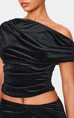 Sale PrettyLittleThing Velvet Ruched Detail Top Black