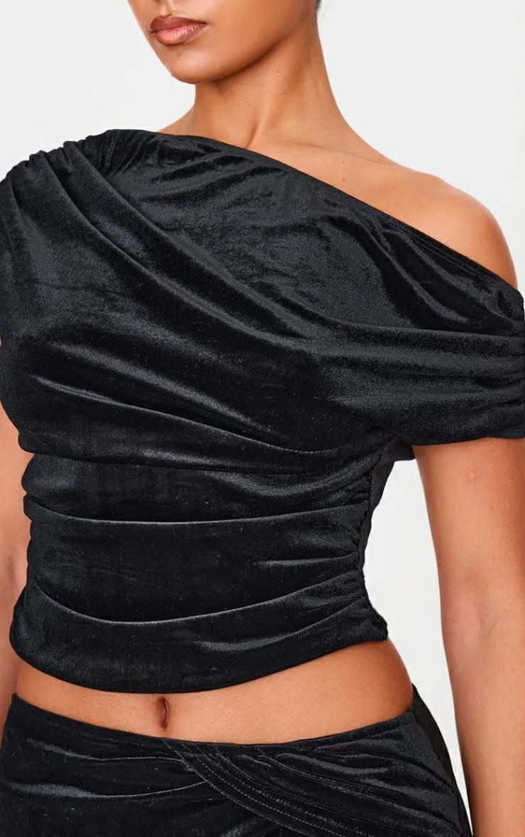 Sale PrettyLittleThing Velvet Ruched Detail Top Black
