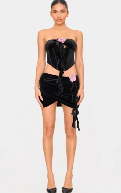 Clearance PrettyLittleThing Velvet Ruched Frill Detail Mini Skirt Black