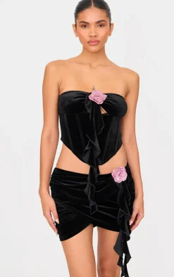 Clearance PrettyLittleThing Velvet Ruched Frill Detail Mini Skirt Black