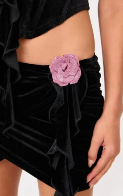 Clearance PrettyLittleThing Velvet Ruched Frill Detail Mini Skirt Black
