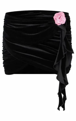 Clearance PrettyLittleThing Velvet Ruched Frill Detail Mini Skirt Black