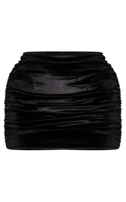 Discount PrettyLittleThing Velvet Ruched Micro Mini Skirt Black