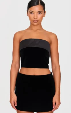 Clearance PrettyLittleThing Velvet Satin Foldover Long Top Black