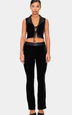 New PrettyLittleThing Velvet Satin Waistband Skinny Flare Pants Black