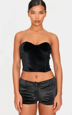 Online PrettyLittleThing Velvet Seam Detail Corset Top Black