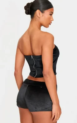 Online PrettyLittleThing Velvet Seam Detail Corset Top Black