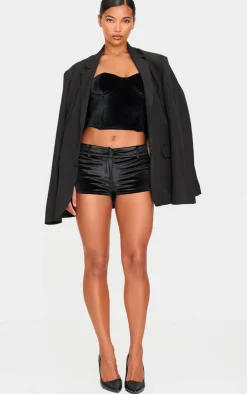 Online PrettyLittleThing Velvet Seam Detail Corset Top Black