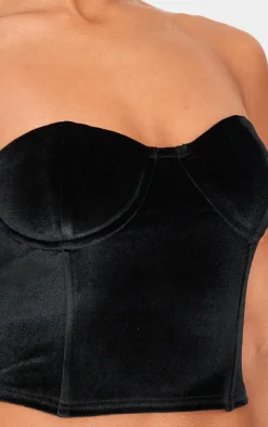 Online PrettyLittleThing Velvet Seam Detail Corset Top Black