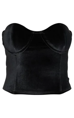 Online PrettyLittleThing Velvet Seam Detail Corset Top Black