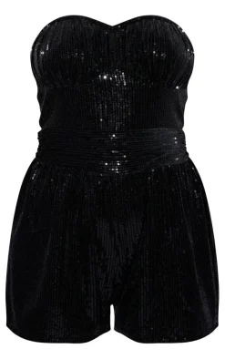 Velvet Sequin Bandeau Ruched Bust Romper-PrettyLittleThing Hot