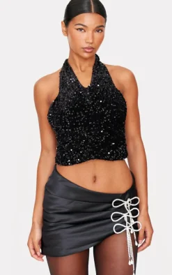 PrettyLittleThing Sleeveless Tops*Velvet Sequin Halterneck Long Top