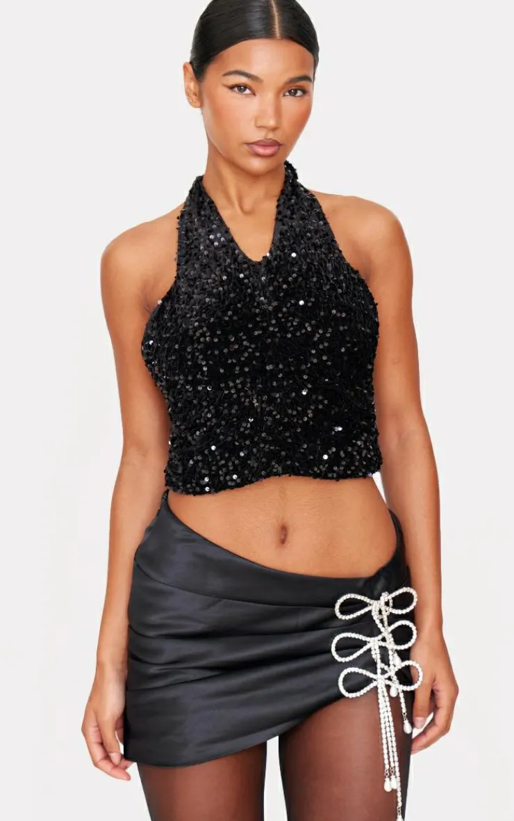 PrettyLittleThing Sleeveless Tops*Velvet Sequin Halterneck Long Top