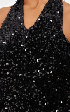 PrettyLittleThing Sleeveless Tops*Velvet Sequin Halterneck Long Top