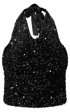 PrettyLittleThing Sleeveless Tops*Velvet Sequin Halterneck Long Top