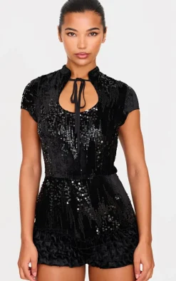 Velvet Sequin Key Hole Bloomer Romper-PrettyLittleThing Online