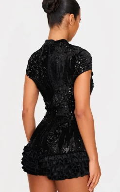 Velvet Sequin Key Hole Bloomer Romper-PrettyLittleThing Online